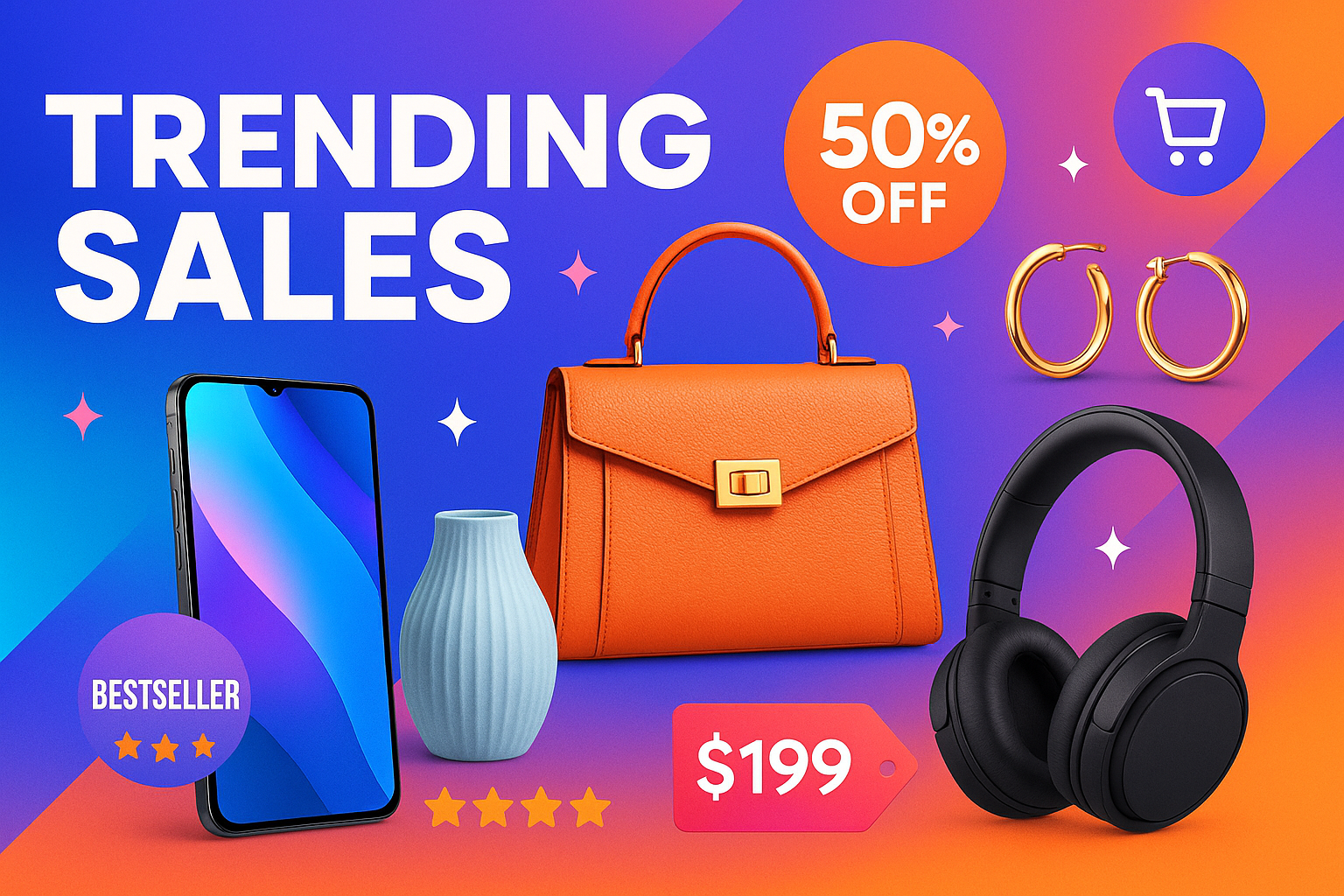 Generate a Shopping store banner image where sales trending products,